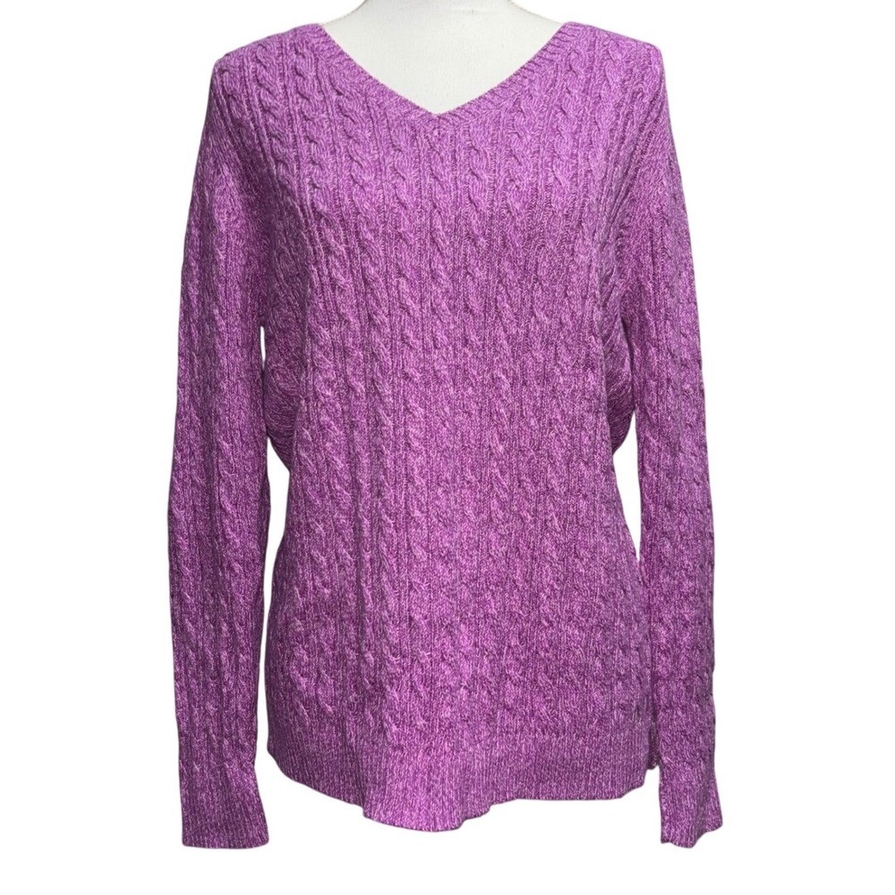 Womens Cable Knit V‎ Neck Pullover Sweater Long Sleeve Lavender Purple